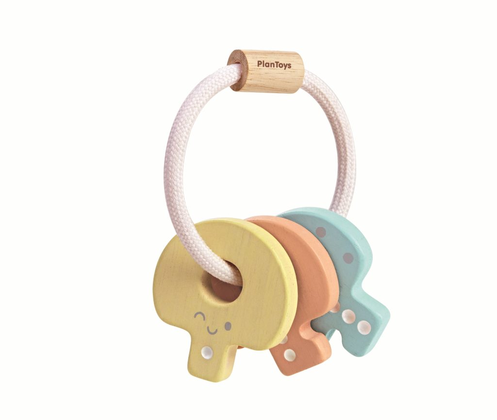 hochet clefs pastel en bois d'hévéa recyclé